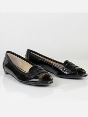 Talbots Patent Leather Peep Toe Penny Loafers Flats Black Womens Size 6.5